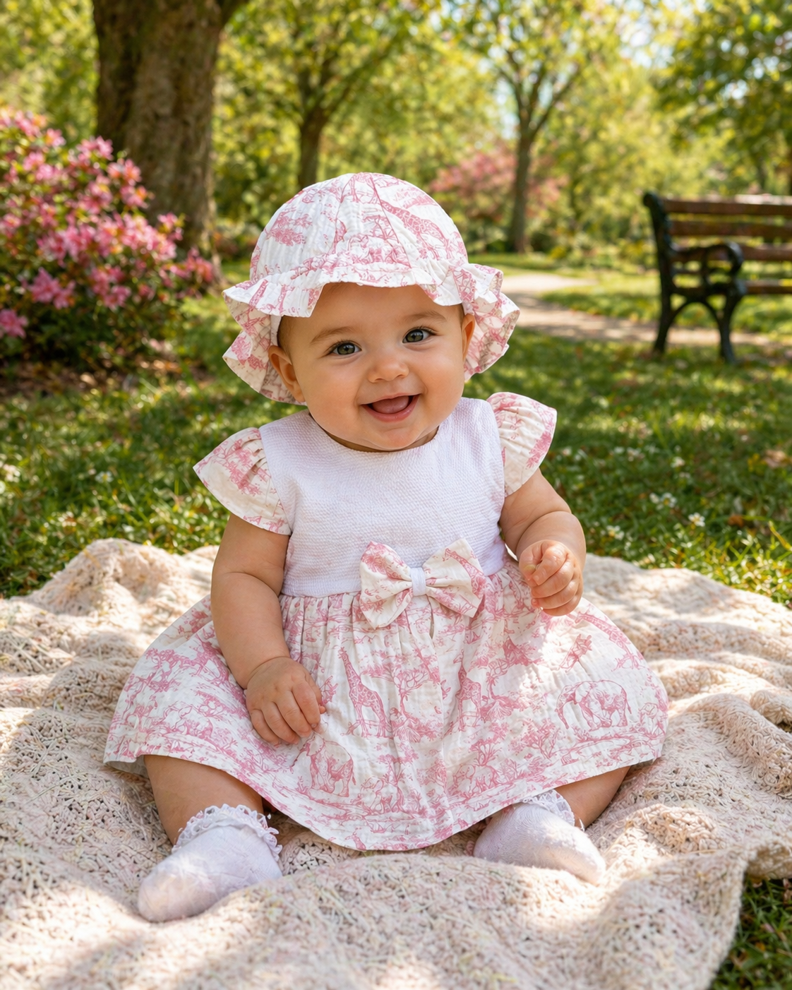 Robe Bébé Fille Toile de Jouy avec Chapeau Assorti